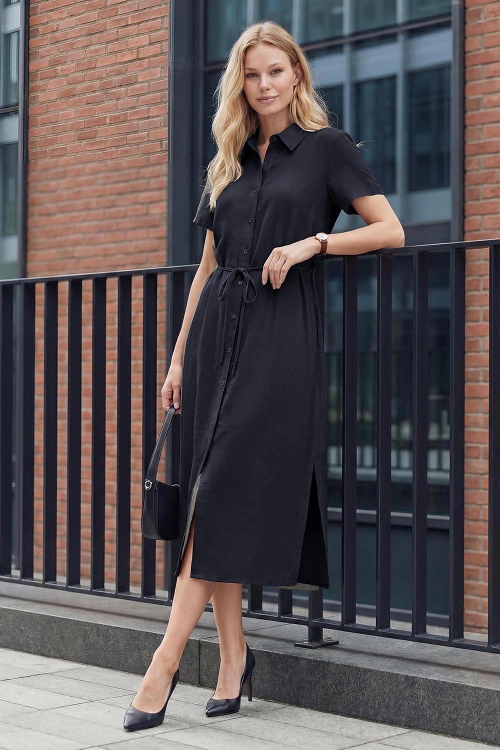 imageArachampCloz Womens Linen with Pockets Midi Summer Spring Shirt Dress 2026Navy