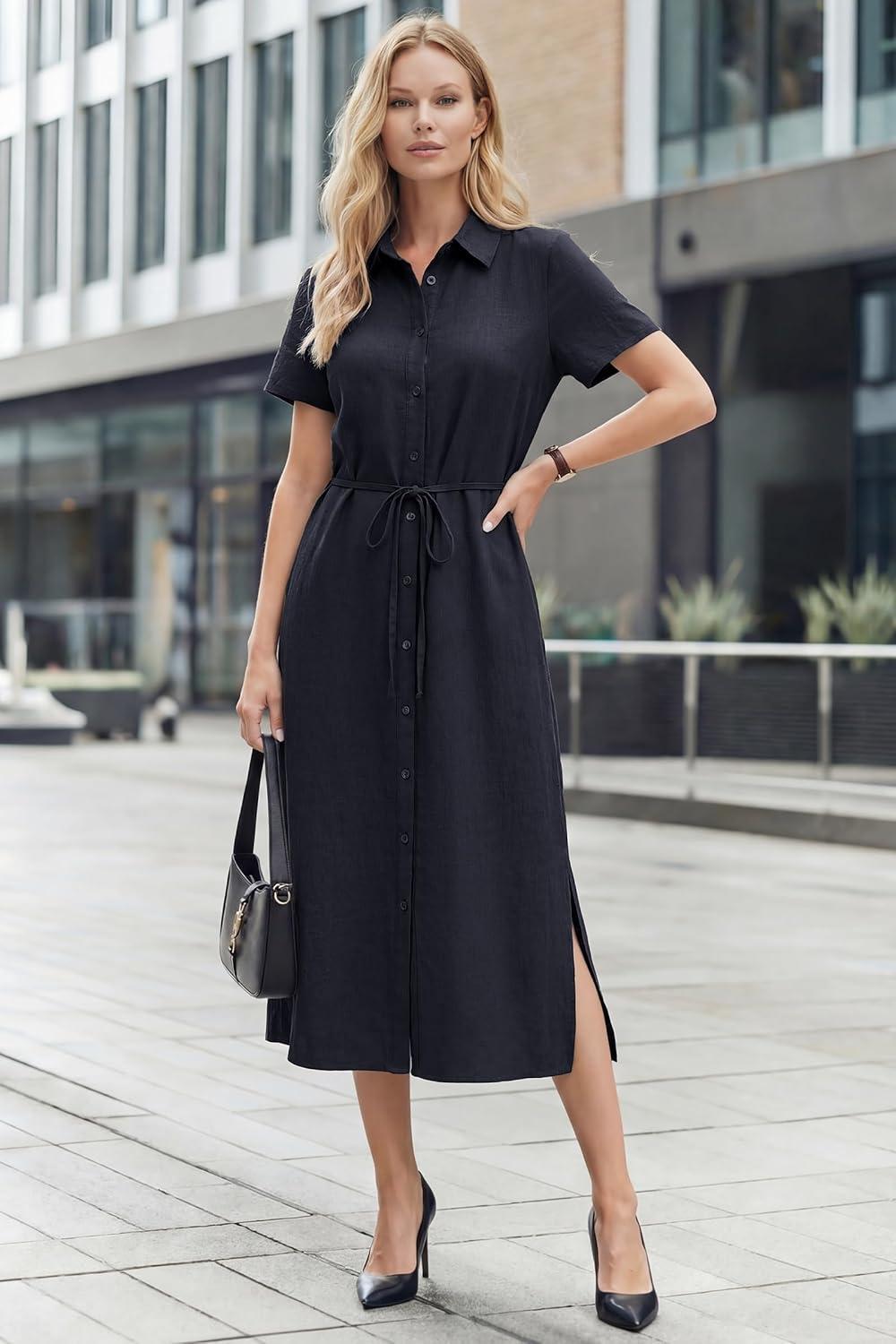 imageArachampCloz Womens Linen with Pockets Midi Summer Spring Shirt Dress 2026Navy