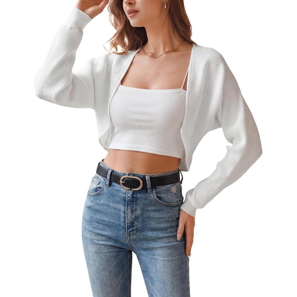 imageArachampCloz Womens 100 Cotton Bolero Shrug V Neck Cropped Cardigan Knit SweatersWhite