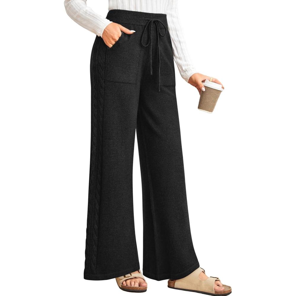 imageArachampCloz Womens 2025 Spring Sweater Pants Wide Leg Elastic High Waist Cute Casual Flowy Lounge Winter Knit Trousers PocketsBlack