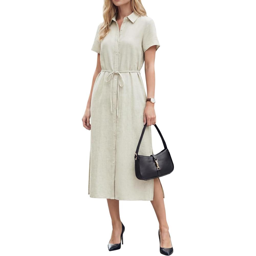 imageArachampCloz Womens Linen with Pockets Midi Summer Spring Shirt Dress 2026Beige