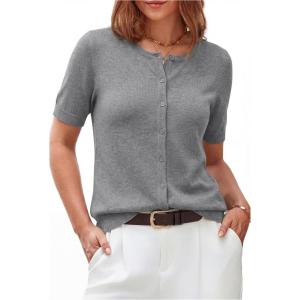 Arach&Cloz Women’s Lightweight Short Sleeve Business Casual Cropped Cardigan Tops(A-grey)