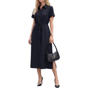 Arach&Cloz Women’s Linen with Pockets Midi Summer Spring Shirt Dress 2026(Navy)