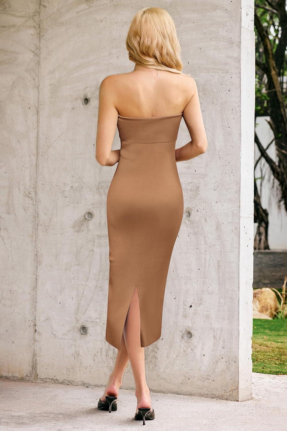 imageArachampCloz Womens Silk Blend Fold Over Elegant Classy Wedding Guest Dress 2025Khaki