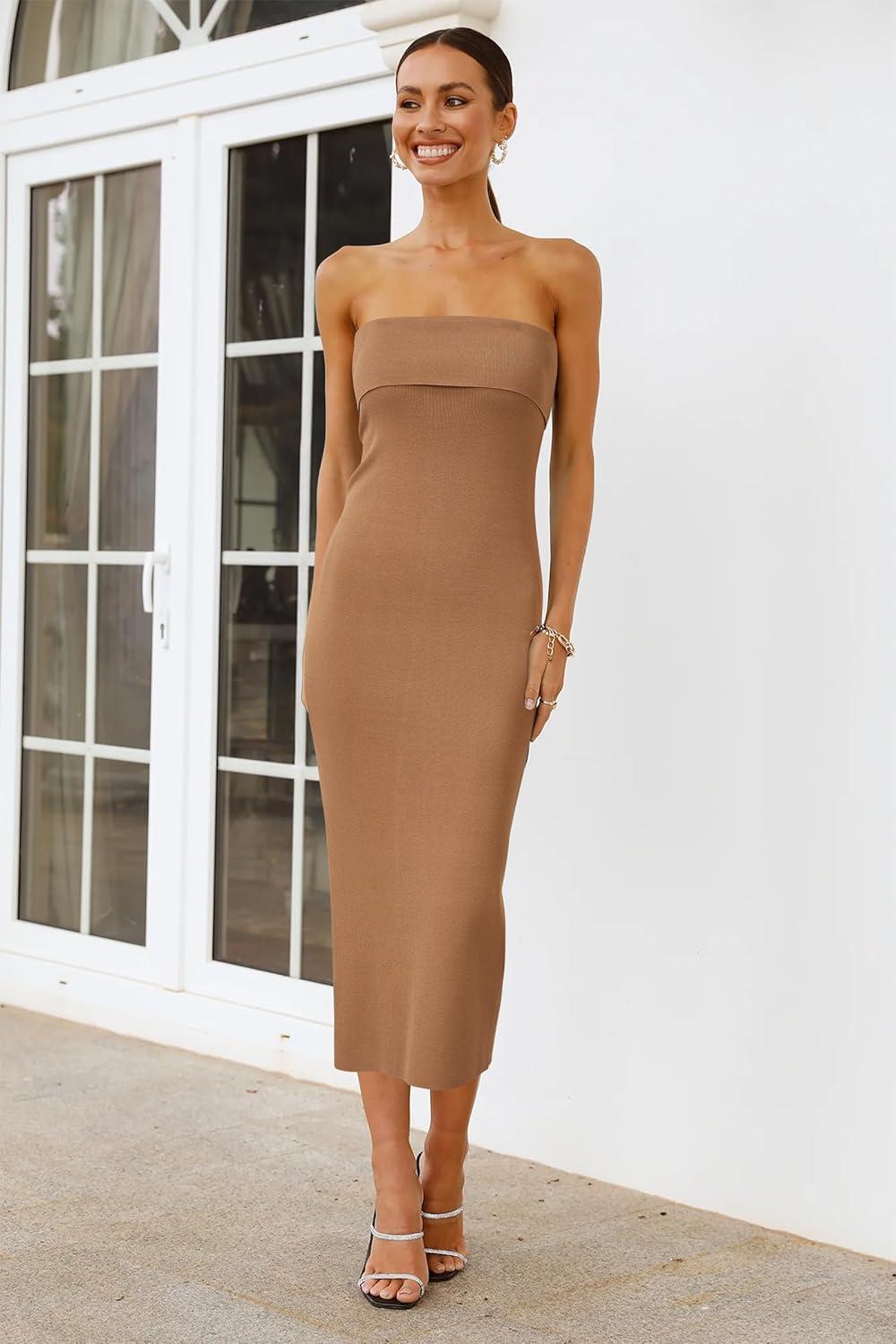 imageArachampCloz Womens Silk Blend Fold Over Elegant Classy Wedding Guest Dress 2025Khaki