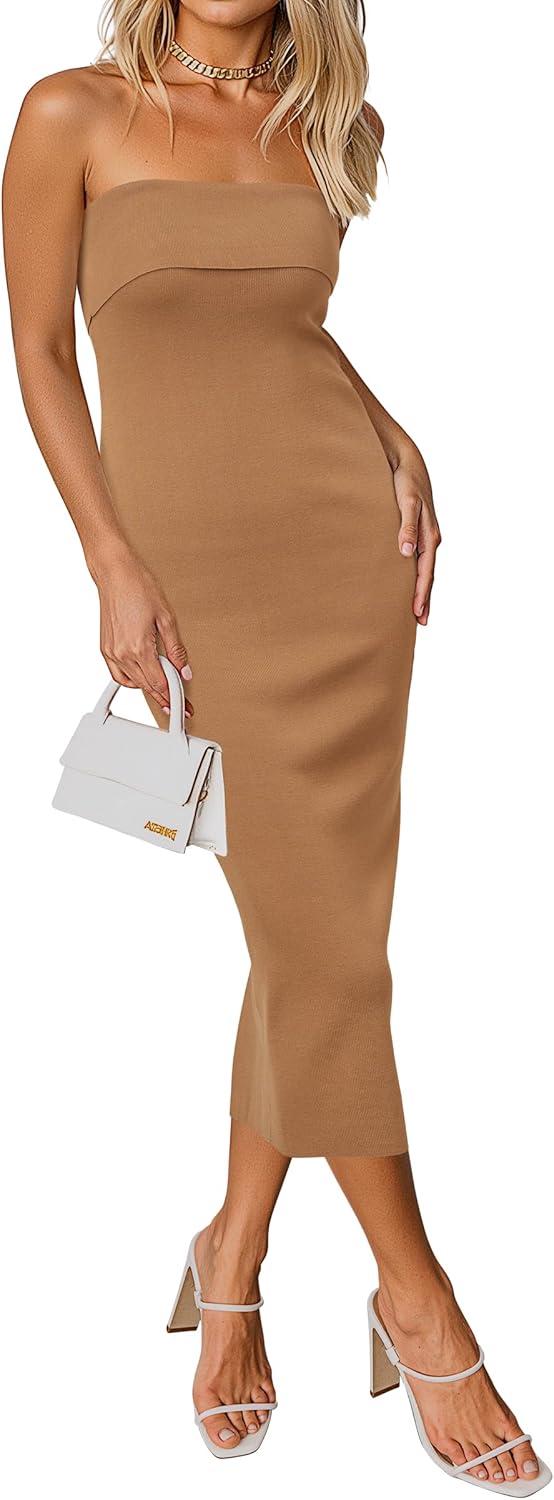imageArachampCloz Womens Silk Blend Fold Over Elegant Classy Wedding Guest Dress 2025Khaki