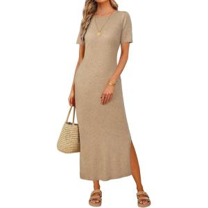 Arach&Cloz Women’s Wool Blend Lightweight Spring Casual T Shirts Maxi Dress 2026(Kahki)