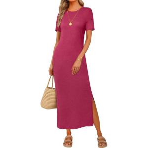 Arach&Cloz Women’s Wool Blend Lightweight Spring Casual T Shirts Maxi Dress 2026(Rose Red)