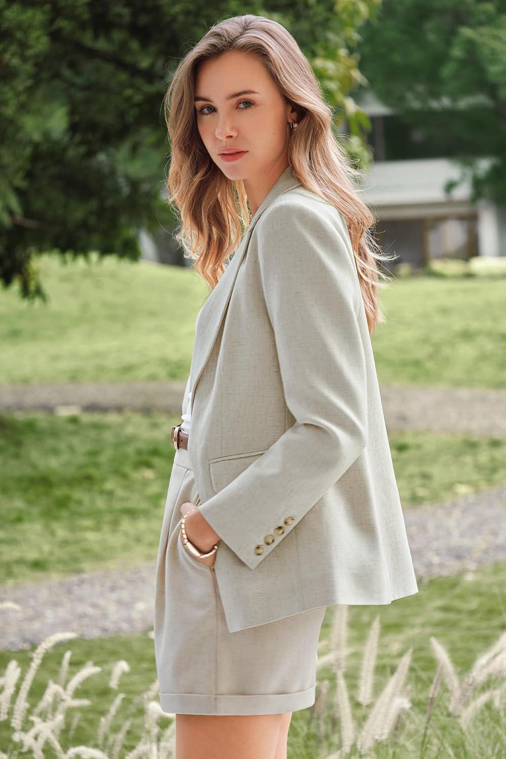 imageArachampCloz Womens Linen Blend Notched Lapel Open Front Blazers Work Business Casual Outfits 2026Beige