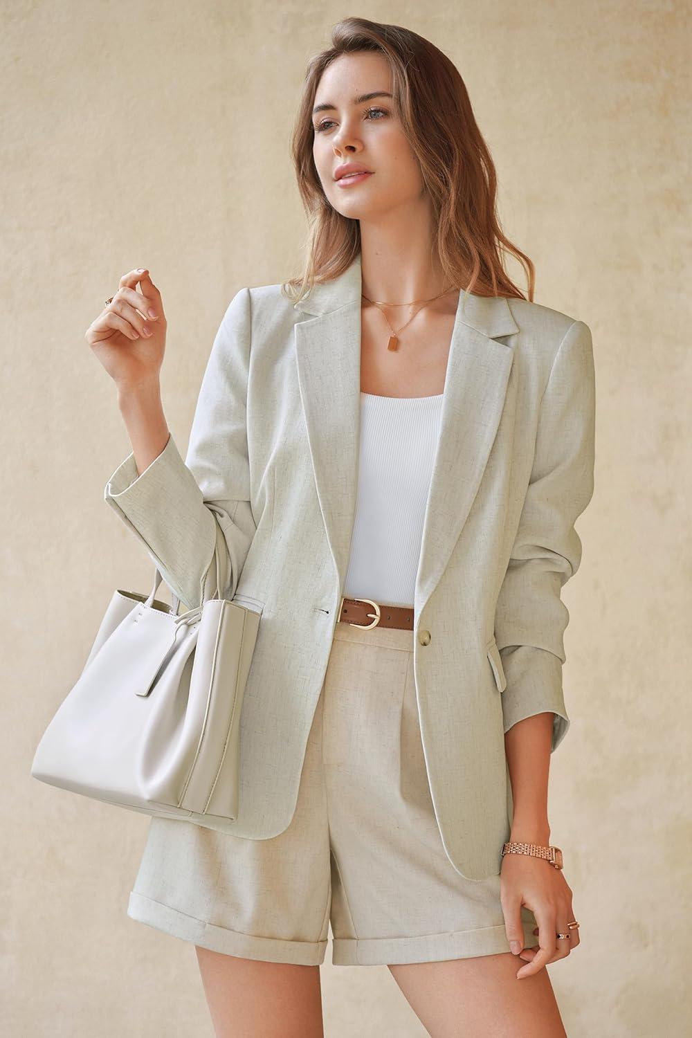 imageArachampCloz Womens Linen Blend Notched Lapel Open Front Blazers Work Business Casual Outfits 2026Beige