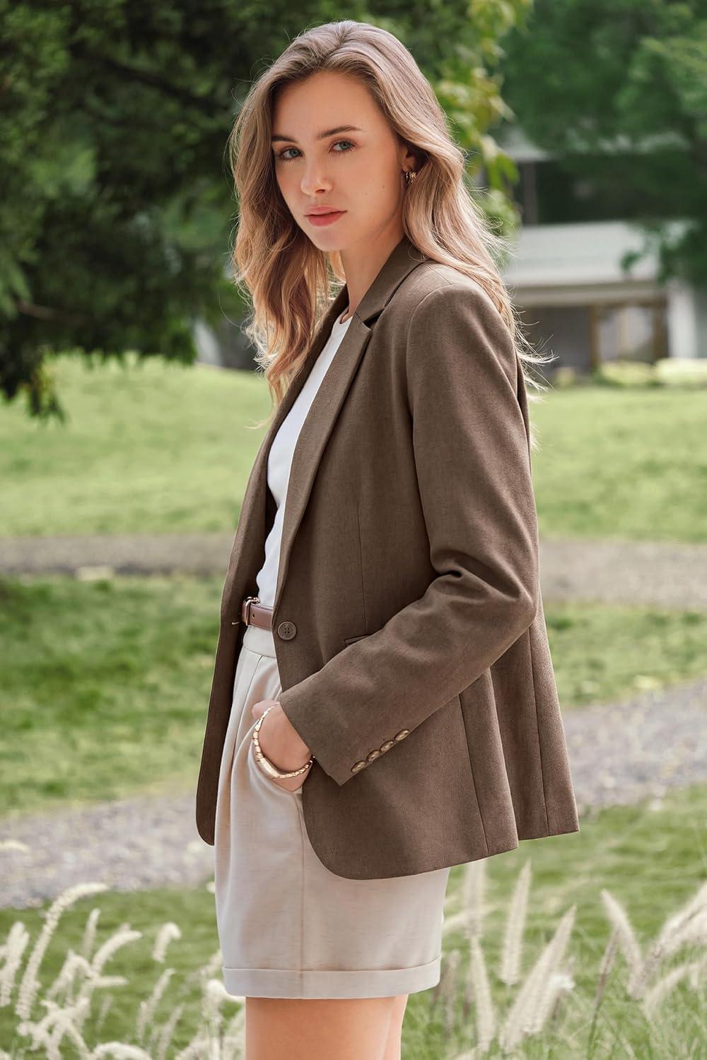 imageArachampCloz Womens Linen Blend Notched Lapel Open Front Blazers Work Business Casual Outfits 2026Brown
