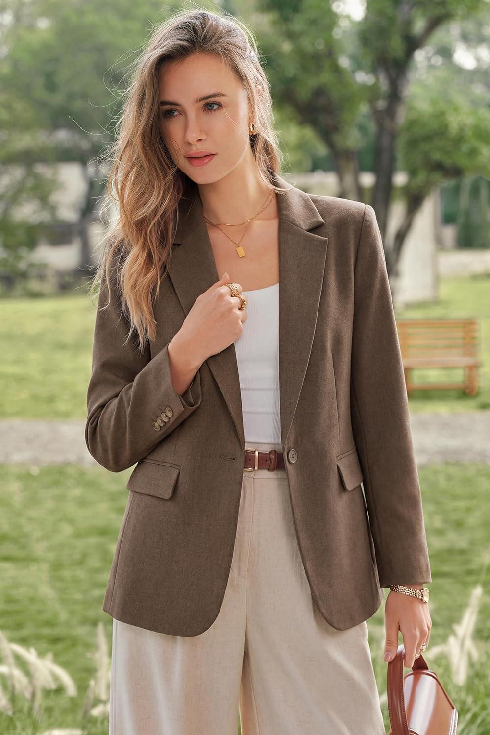 imageArachampCloz Womens Linen Blend Notched Lapel Open Front Blazers Work Business Casual Outfits 2026Brown