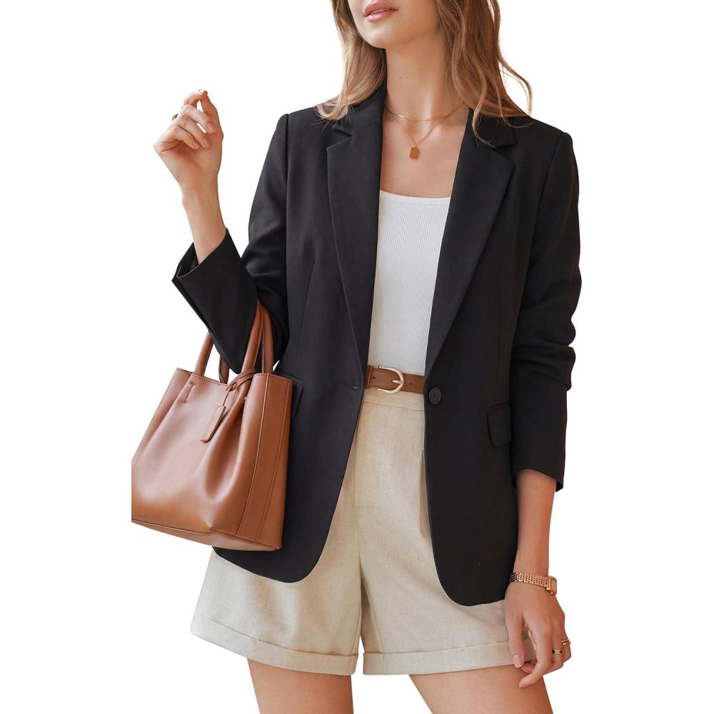 imageArachampCloz Womens Linen Blend Notched Lapel Open Front Blazers Work Business Casual Outfits 2026Black