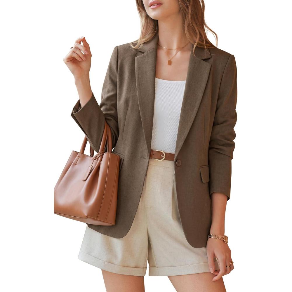 imageArachampCloz Womens Linen Blend Notched Lapel Open Front Blazers Work Business Casual Outfits 2026Brown