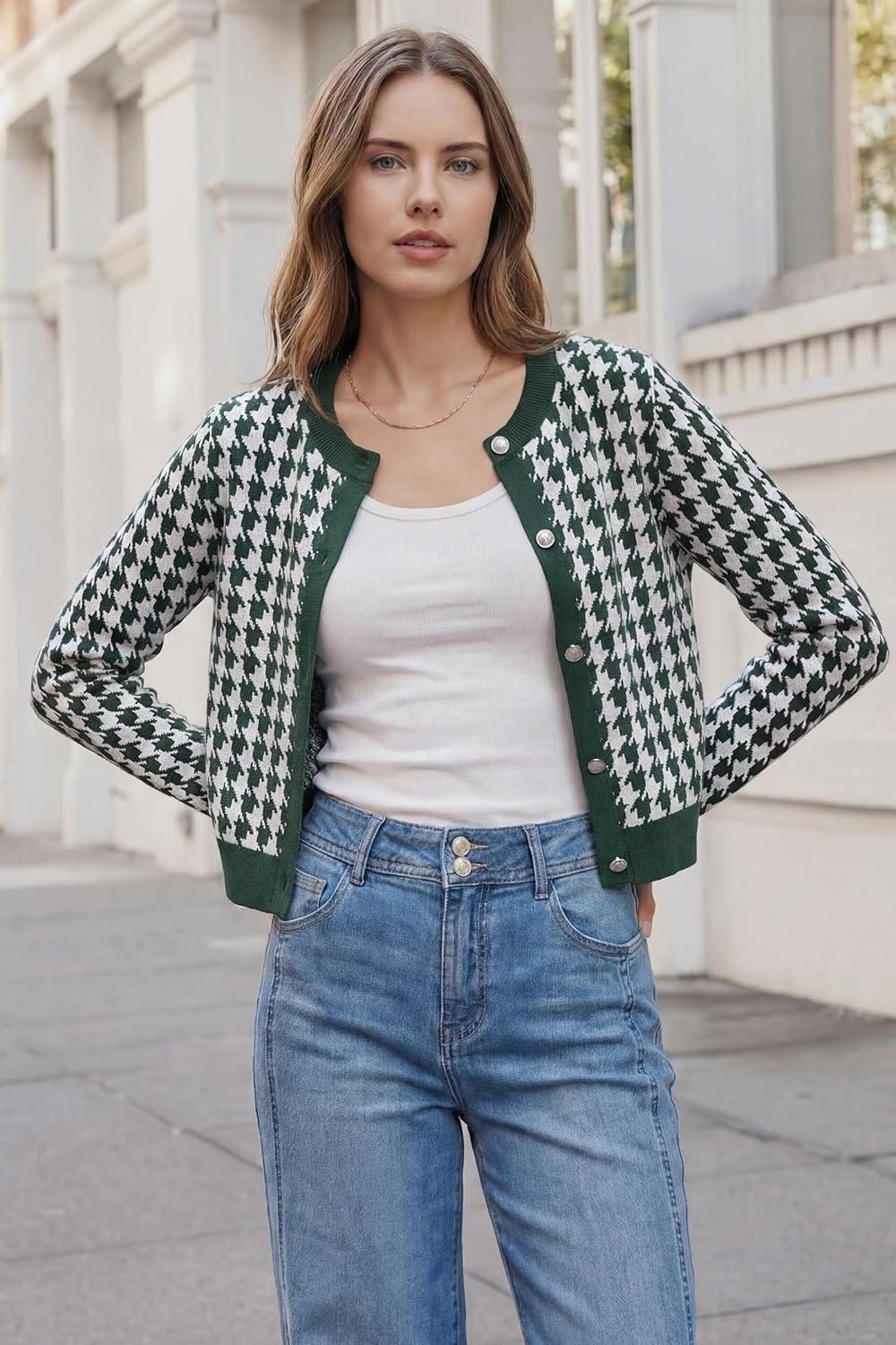 imageArachampCloz 100 Cotton Cropped Cardigan for Women Button Up Lightweight Sweater Plaid Knit Tops 2026Green