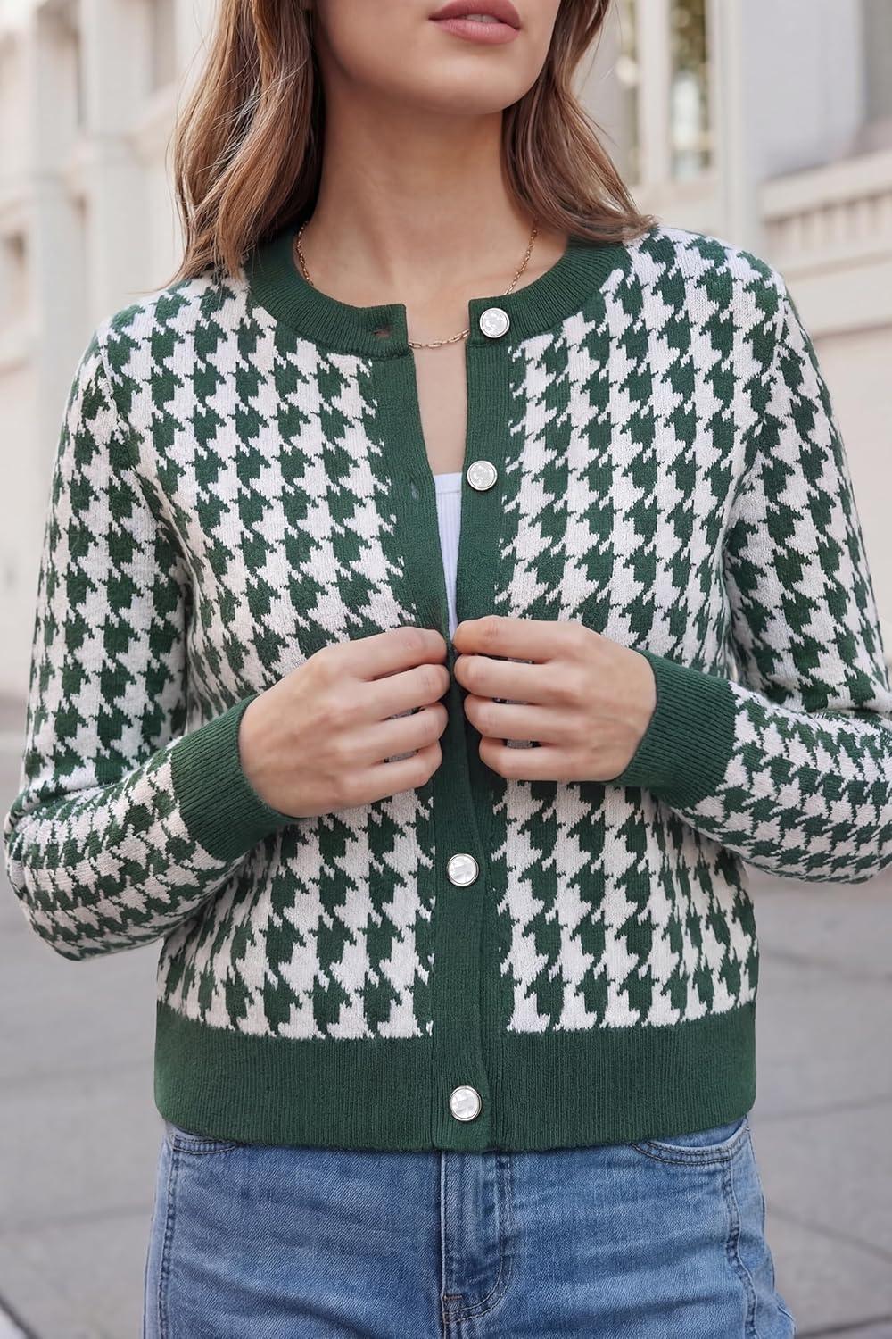 imageArachampCloz 100 Cotton Cropped Cardigan for Women Button Up Lightweight Sweater Plaid Knit Tops 2026Green