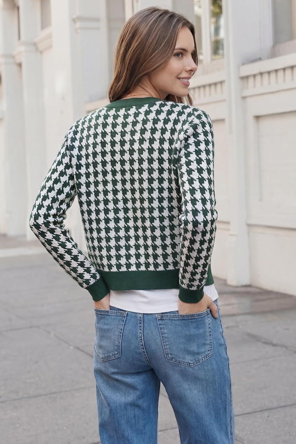 imageArachampCloz 100 Cotton Cropped Cardigan for Women Button Up Lightweight Sweater Plaid Knit Tops 2026Green