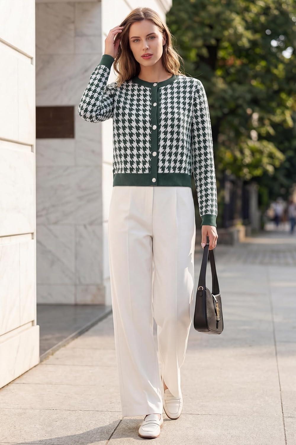 imageArachampCloz 100 Cotton Cropped Cardigan for Women Button Up Lightweight Sweater Plaid Knit Tops 2026Green