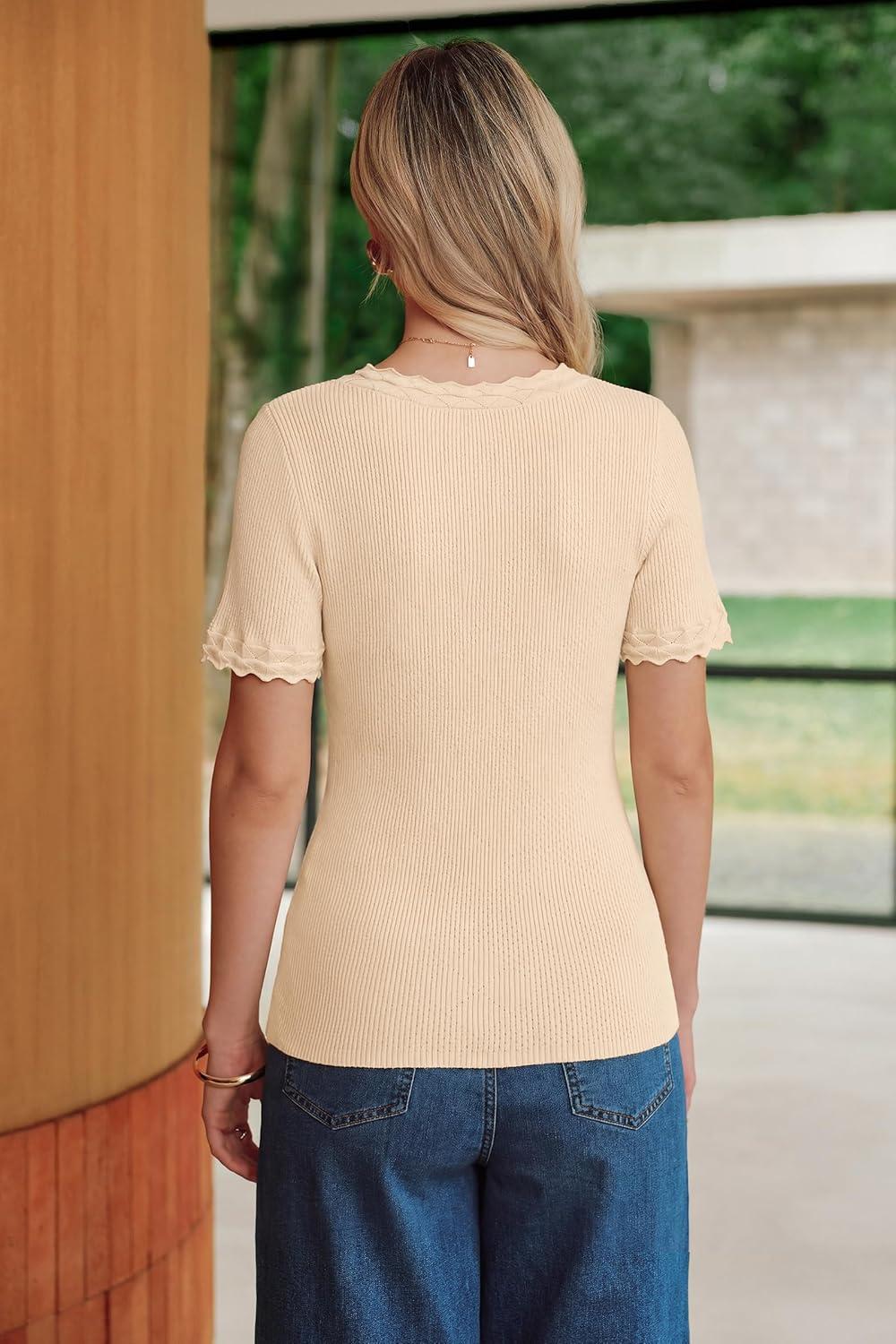 imageArachampCloz Womens 100 Cotton Short Sleeve Sweater Pullover Scoop Neck Lightweight Business Casual Outfits Spring Tops 2026Apricot