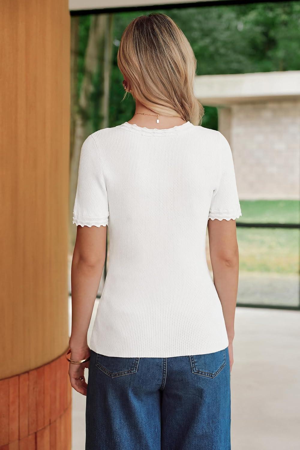 imageArachampCloz Womens 100 Cotton Short Sleeve Sweater Pullover Scoop Neck Lightweight Business Casual Outfits Spring Tops 2026Beige