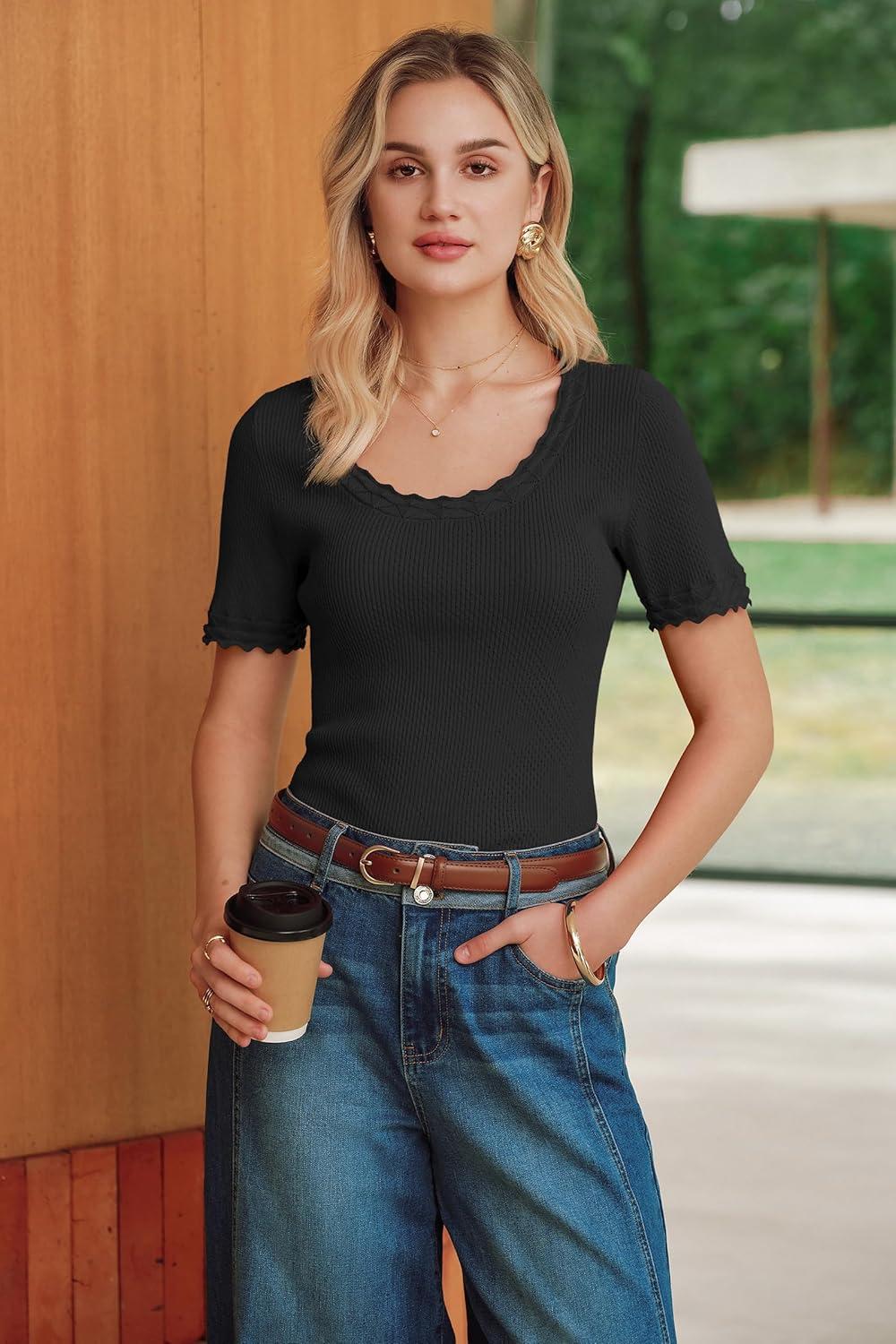 imageArachampCloz Womens 100 Cotton Short Sleeve Sweater Pullover Scoop Neck Lightweight Business Casual Outfits Spring Tops 2026Black