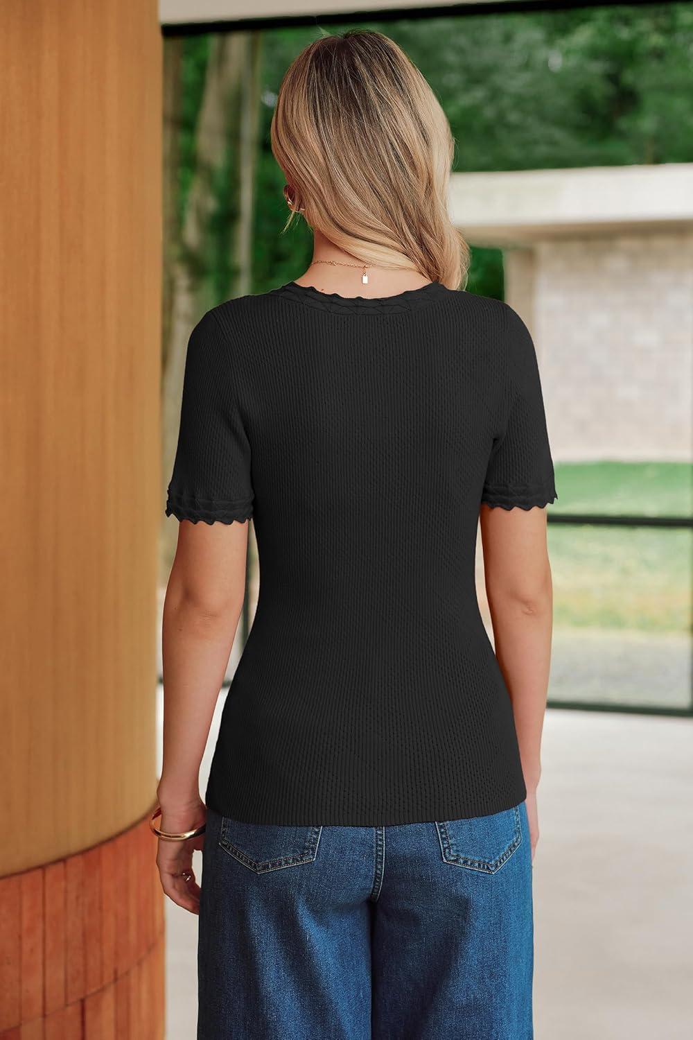 imageArachampCloz Womens 100 Cotton Short Sleeve Sweater Pullover Scoop Neck Lightweight Business Casual Outfits Spring Tops 2026Black