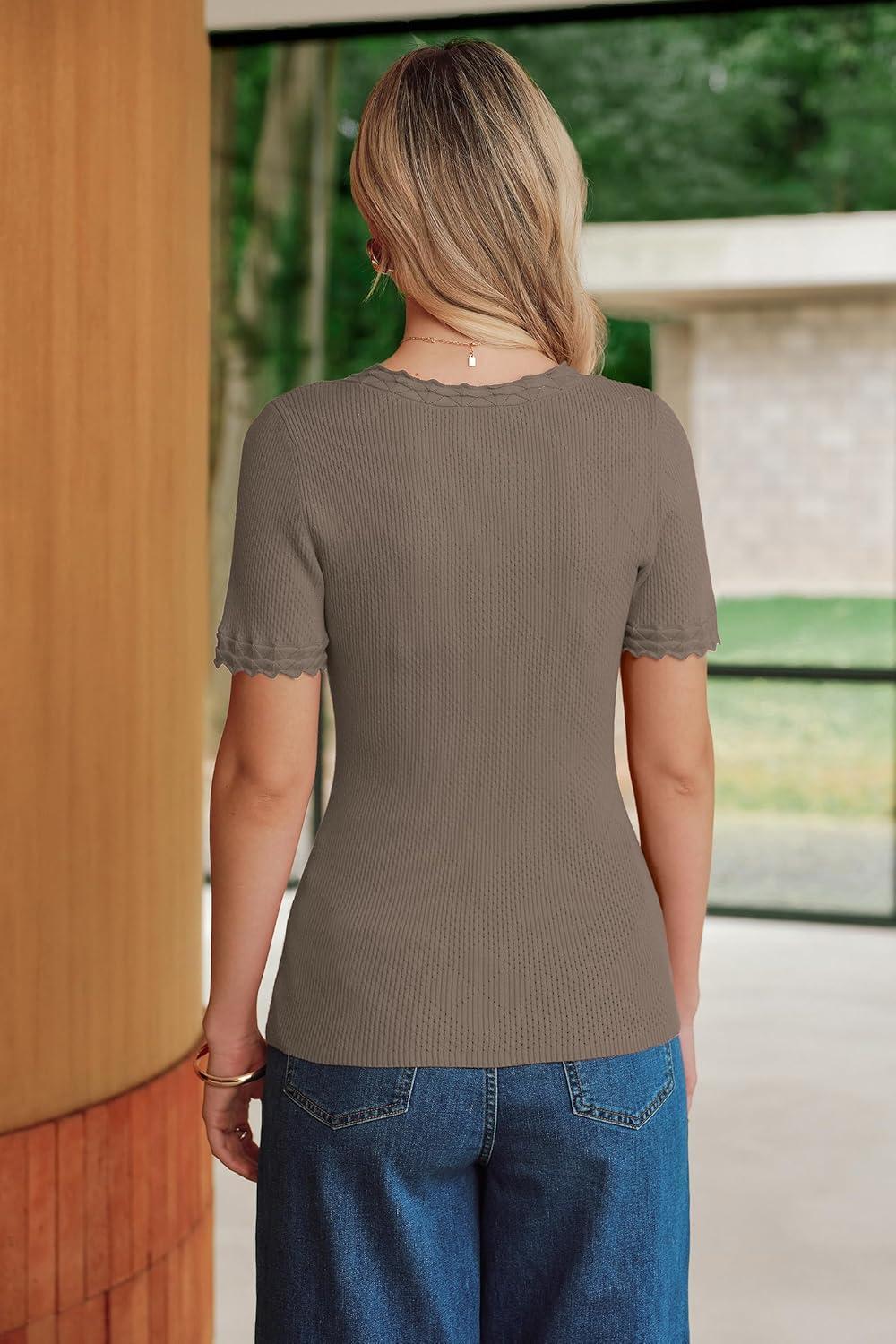 imageArachampCloz Womens 100 Cotton Short Sleeve Sweater Pullover Scoop Neck Lightweight Business Casual Outfits Spring Tops 2026Coffee