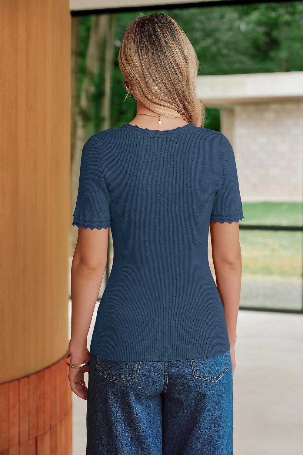 imageArachampCloz Womens 100 Cotton Short Sleeve Sweater Pullover Scoop Neck Lightweight Business Casual Outfits Spring Tops 2026Navy