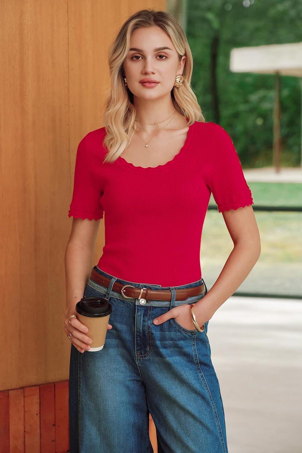 imageArachampCloz Womens 100 Cotton Short Sleeve Sweater Pullover Scoop Neck Lightweight Business Casual Outfits Spring Tops 2026Red