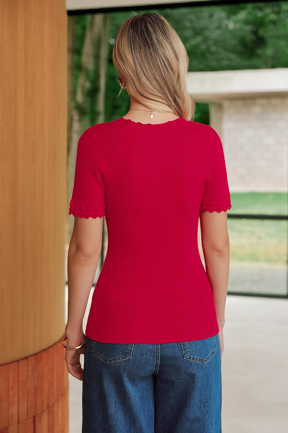 imageArachampCloz Womens 100 Cotton Short Sleeve Sweater Pullover Scoop Neck Lightweight Business Casual Outfits Spring Tops 2026Red
