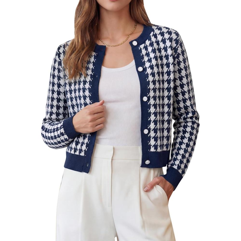 imageArachampCloz 100 Cotton Cropped Cardigan for Women Button Up Lightweight Sweater Plaid Knit Tops 2026Navy