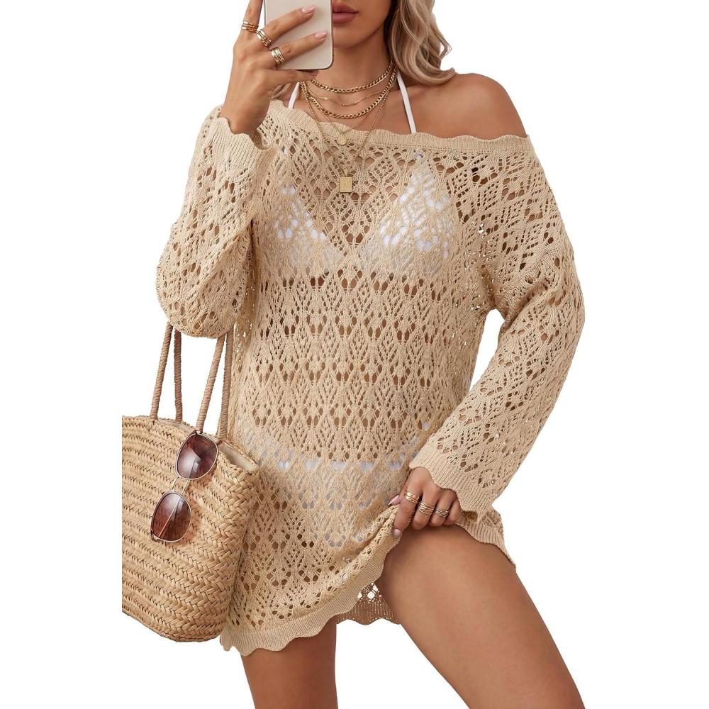 imageArachampCloz Womens 100 Cotton Oversized Swimsuit Cover Up Off Shoulder Boat Neck Breathable Beach Crochet Summer 2026Apricot