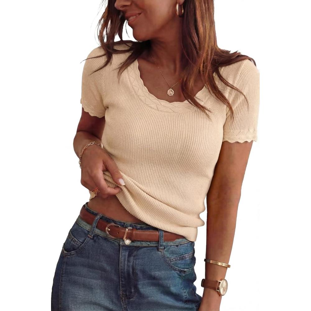 imageArachampCloz Womens 100 Cotton Short Sleeve Sweater Pullover Scoop Neck Lightweight Business Casual Outfits Spring Tops 2026Apricot