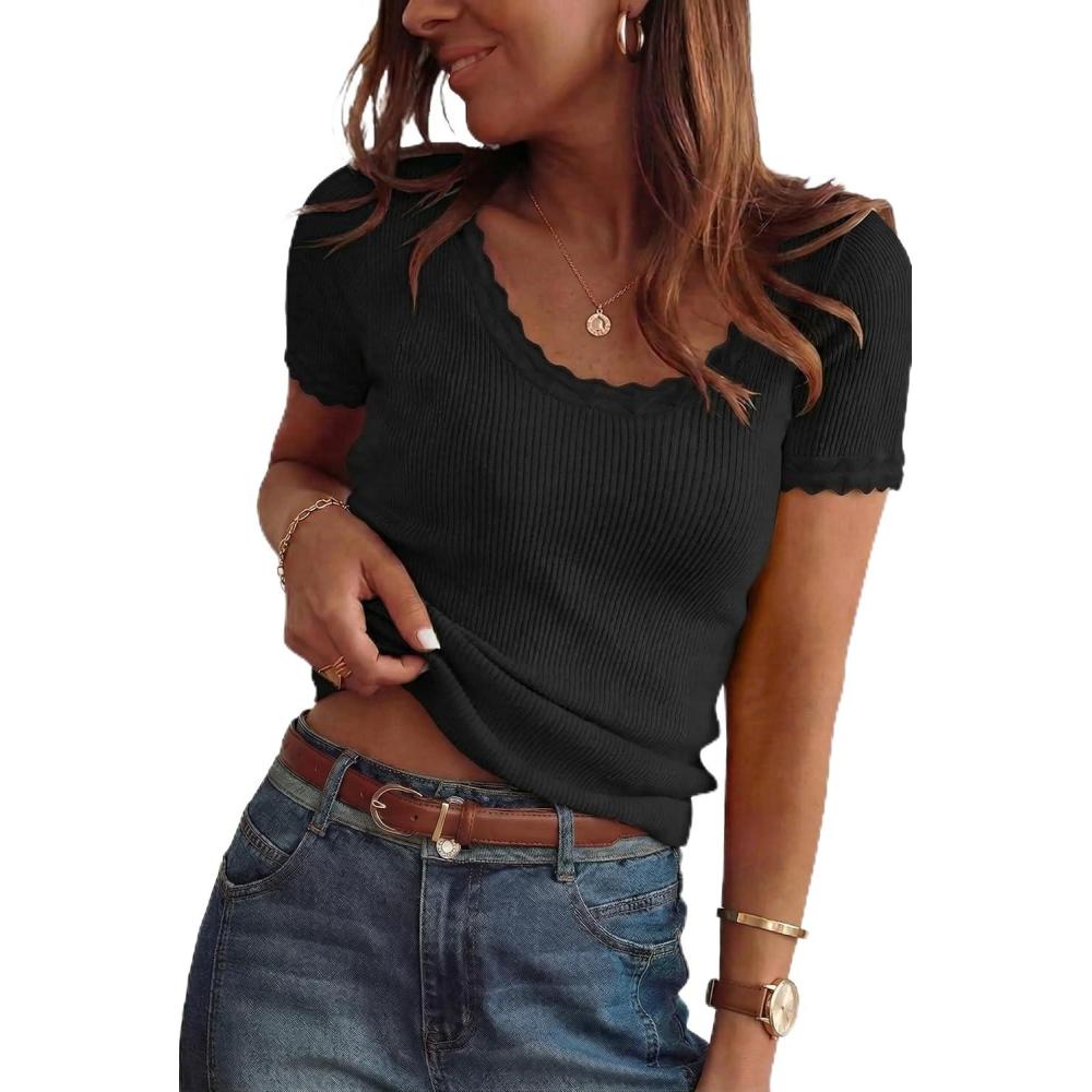 imageArachampCloz Womens 100 Cotton Short Sleeve Sweater Pullover Scoop Neck Lightweight Business Casual Outfits Spring Tops 2026Black
