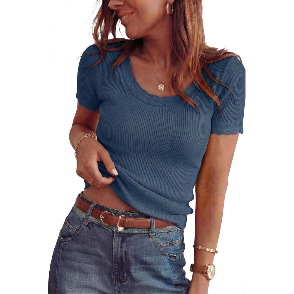 imageArachampCloz Womens 100 Cotton Short Sleeve Sweater Pullover Scoop Neck Lightweight Business Casual Outfits Spring Tops 2026Navy