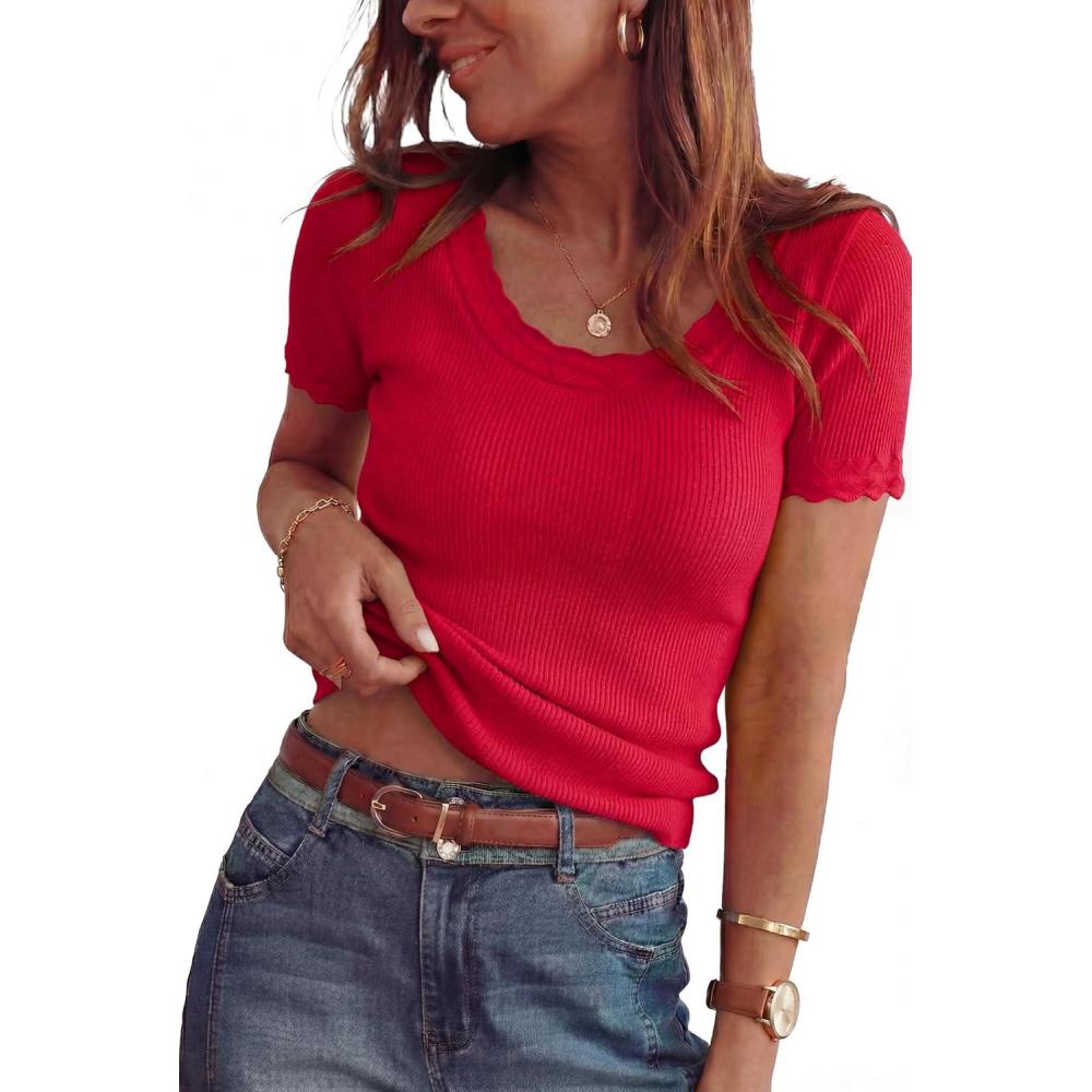 imageArachampCloz Womens 100 Cotton Short Sleeve Sweater Pullover Scoop Neck Lightweight Business Casual Outfits Spring Tops 2026Red