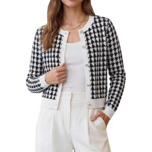 Arach&Cloz 100% Cotton Cropped Cardigan for Women Button Up Lightweight Sweater Plaid Knit Tops 2026(Black)