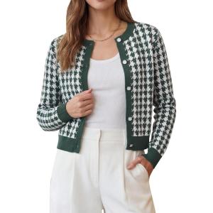 Arach&Cloz 100% Cotton Cropped Cardigan for Women Button Up Lightweight Sweater Plaid Knit Tops 2026(Green)