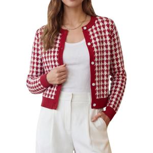 Arach&Cloz 100% Cotton Cropped Cardigan for Women Button Up Lightweight Sweater Plaid Knit Tops 2026(Red)