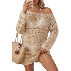Arach&Cloz Women’s 100% Cotton Oversized Swimsuit Cover Up Off Shoulder Boat Neck Breathable Beach Crochet Summer 2026(Apricot)