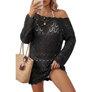 Arach&Cloz Women’s 100% Cotton Oversized Swimsuit Cover Up Off Shoulder Boat Neck Breathable Beach Crochet Summer 2026(Black)