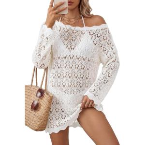 Arach&Cloz Women’s 100% Cotton Oversized Swimsuit Cover Up Off Shoulder Boat Neck Breathable Beach Crochet Summer 2026(White)