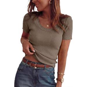 Arach&Cloz Women’s 100% Cotton Short Sleeve Sweater Pullover Scoop Neck Lightweight Business Casual Outfits Spring Tops 2026(Coffee)