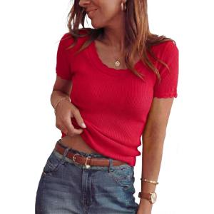 Arach&Cloz Women’s 100% Cotton Short Sleeve Sweater Pullover Scoop Neck Lightweight Business Casual Outfits Spring Tops 2026(Red)