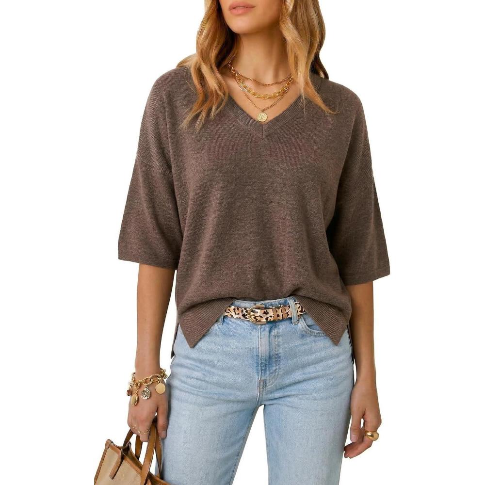 imageArachampCloz Womens Wool Blend Elbow Sleeve Summer Oversized Casual SweaterCoffee