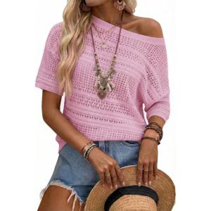 Arach&Cloz Womens Linen Blend Short Sleeve Sweater Crochet Tops Boho Casual Shirts Beach Resort Wear Trendy Summer 2026(Pink)