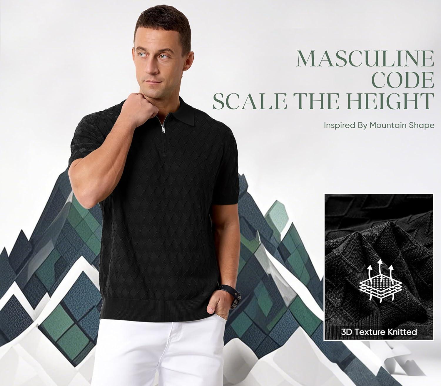 imageArachampCloz Mens Zipper Polo 3D Texture Shirts 2025 Spring Summer Fashion Knit Golf Tops Short Sleeve Dress ClothesBlack