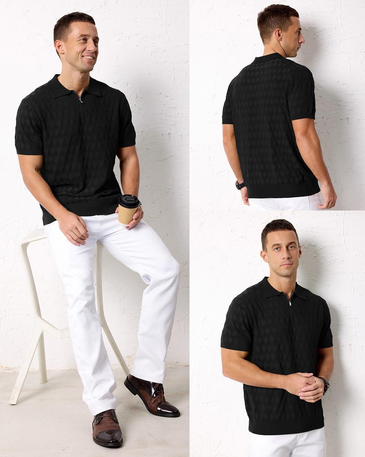 imageArachampCloz Mens Zipper Polo 3D Texture Shirts 2025 Spring Summer Fashion Knit Golf Tops Short Sleeve Dress ClothesBlack
