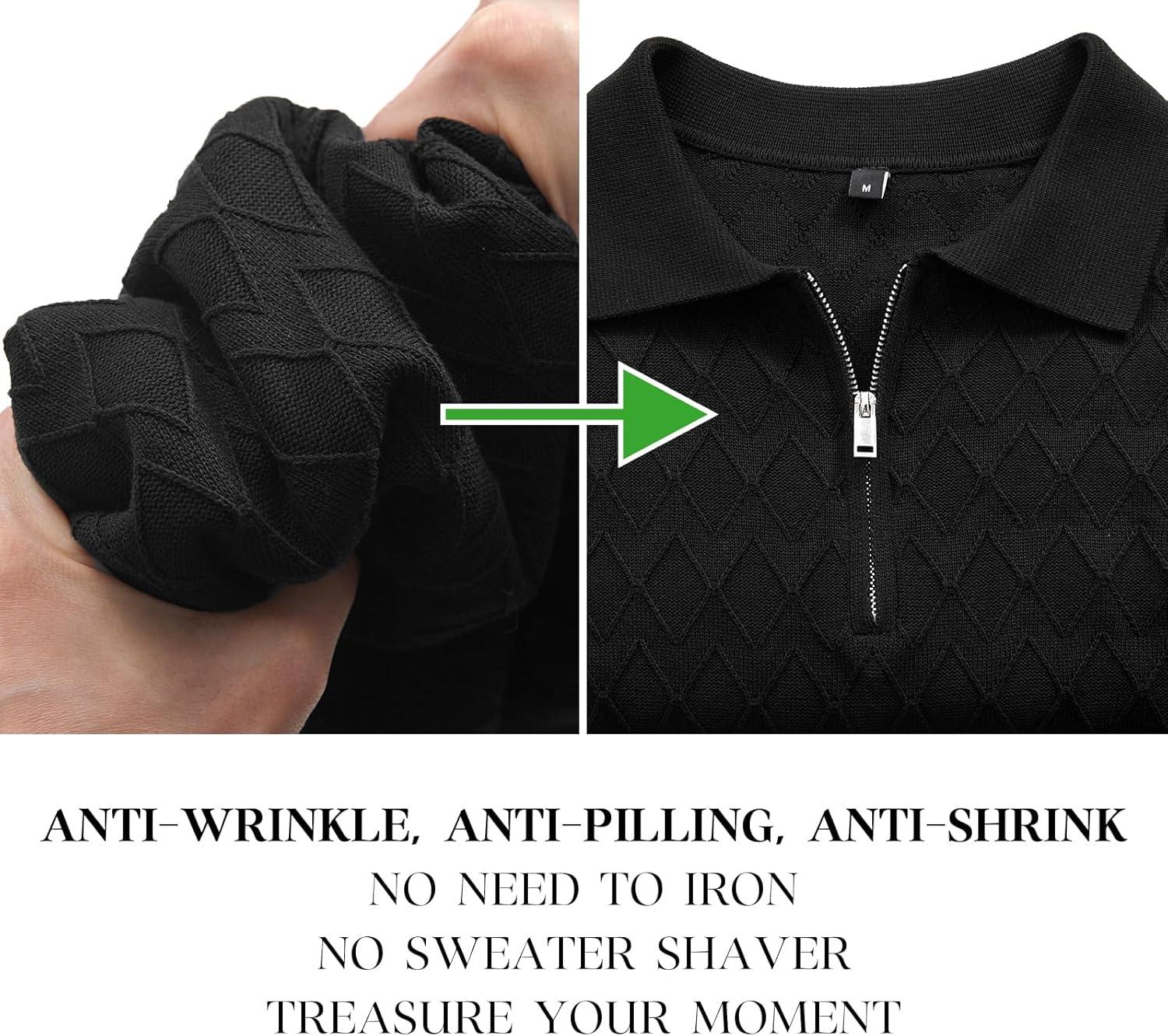 imageArachampCloz Mens Zipper Polo 3D Texture Shirts 2025 Spring Summer Fashion Knit Golf Tops Short Sleeve Dress ClothesBlack