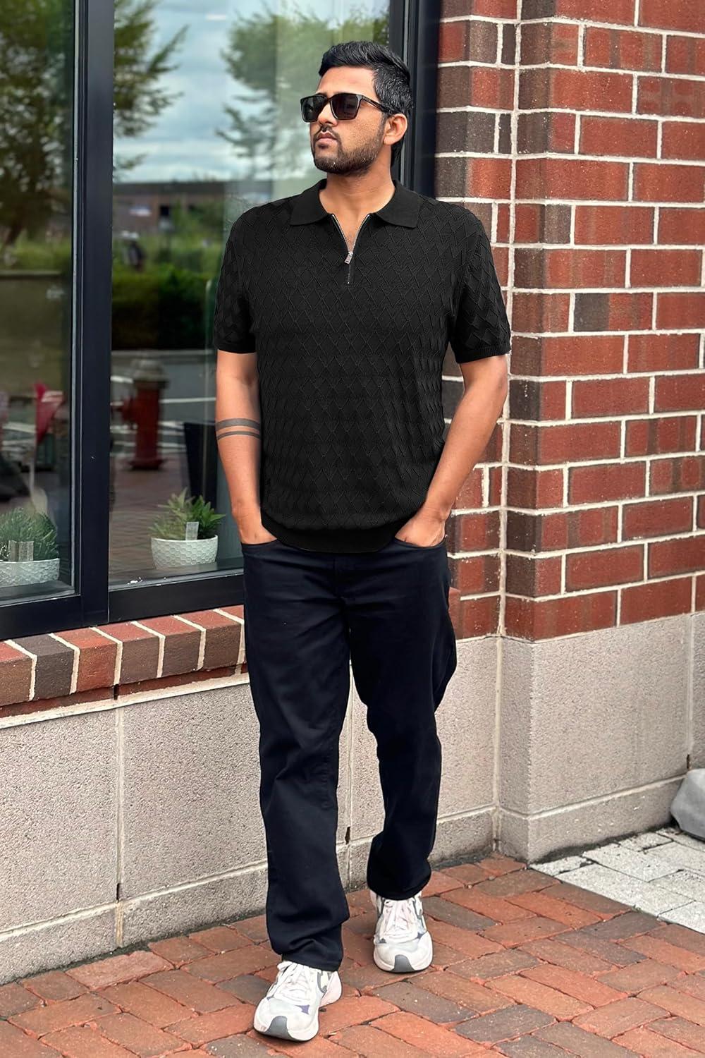 imageArachampCloz Mens Zipper Polo 3D Texture Shirts 2025 Spring Summer Fashion Knit Golf Tops Short Sleeve Dress ClothesBlack